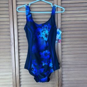 🌴TYR Blue Hibiscus/Palm Floral Print Hawaii Nights One Piece Swimsuit-Size 10